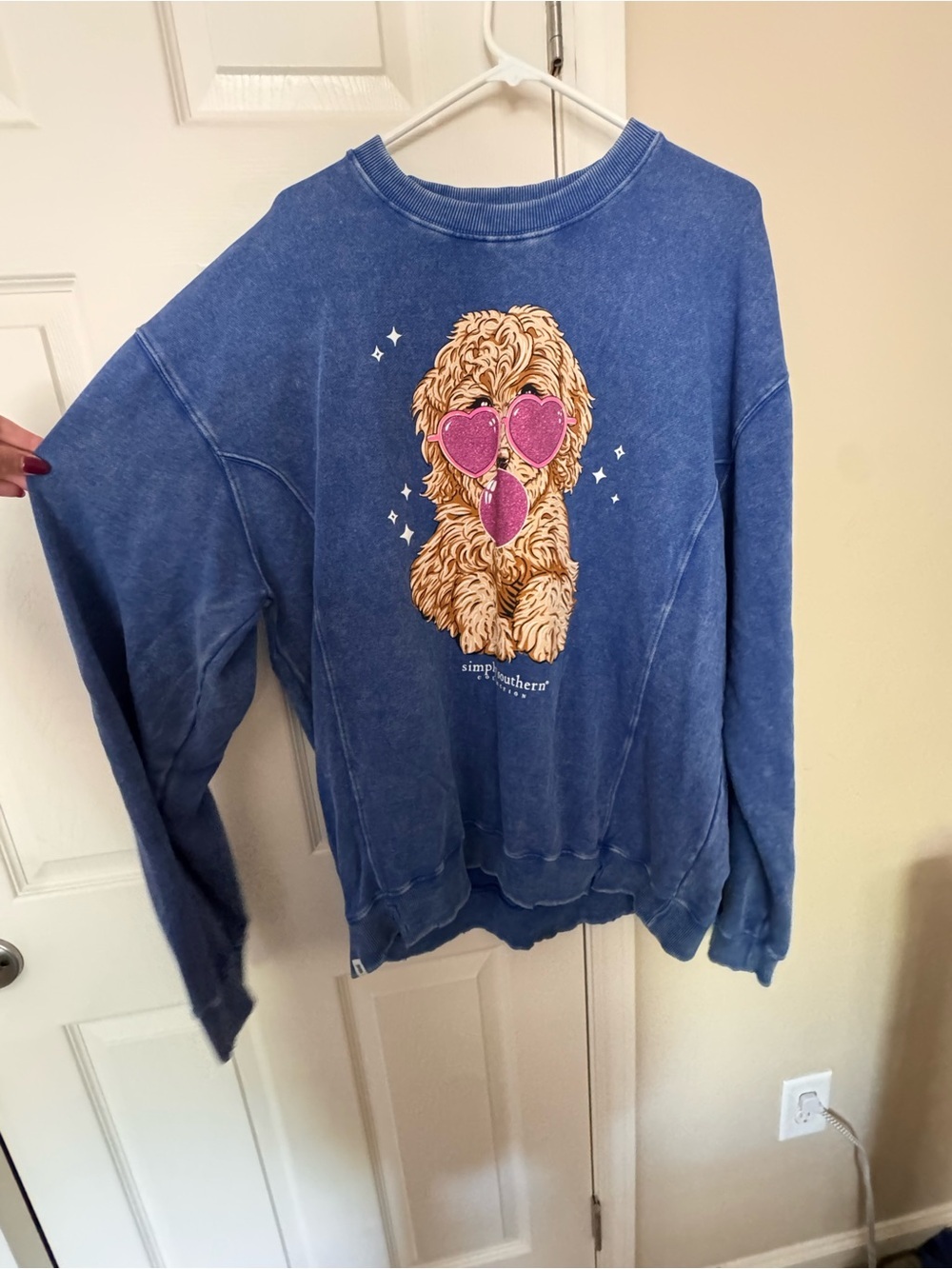 Simply Southern Blue Crewneck with Puppy Graphic and Pink Sunglasses